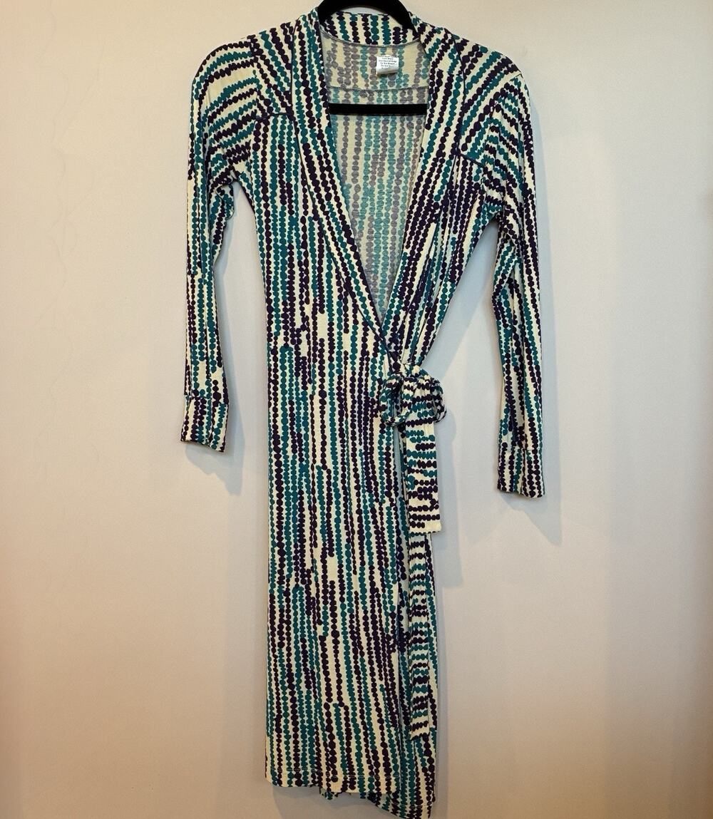 Tufi Duek Wrap Dress Teal Navy Cream Vertical Dot Pattern Size L